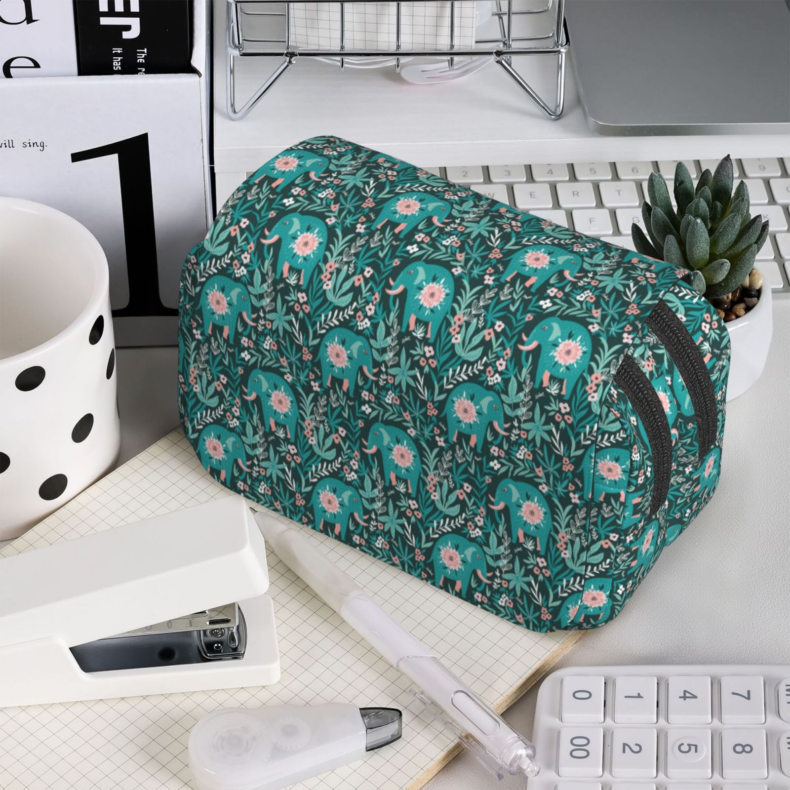 Rateoe Lephants in the Jungle Pattern Double Clamshell Pen Case, Storage Organizer with Two Zipper Compartments– Holds Up to 50 Pencils & Pens