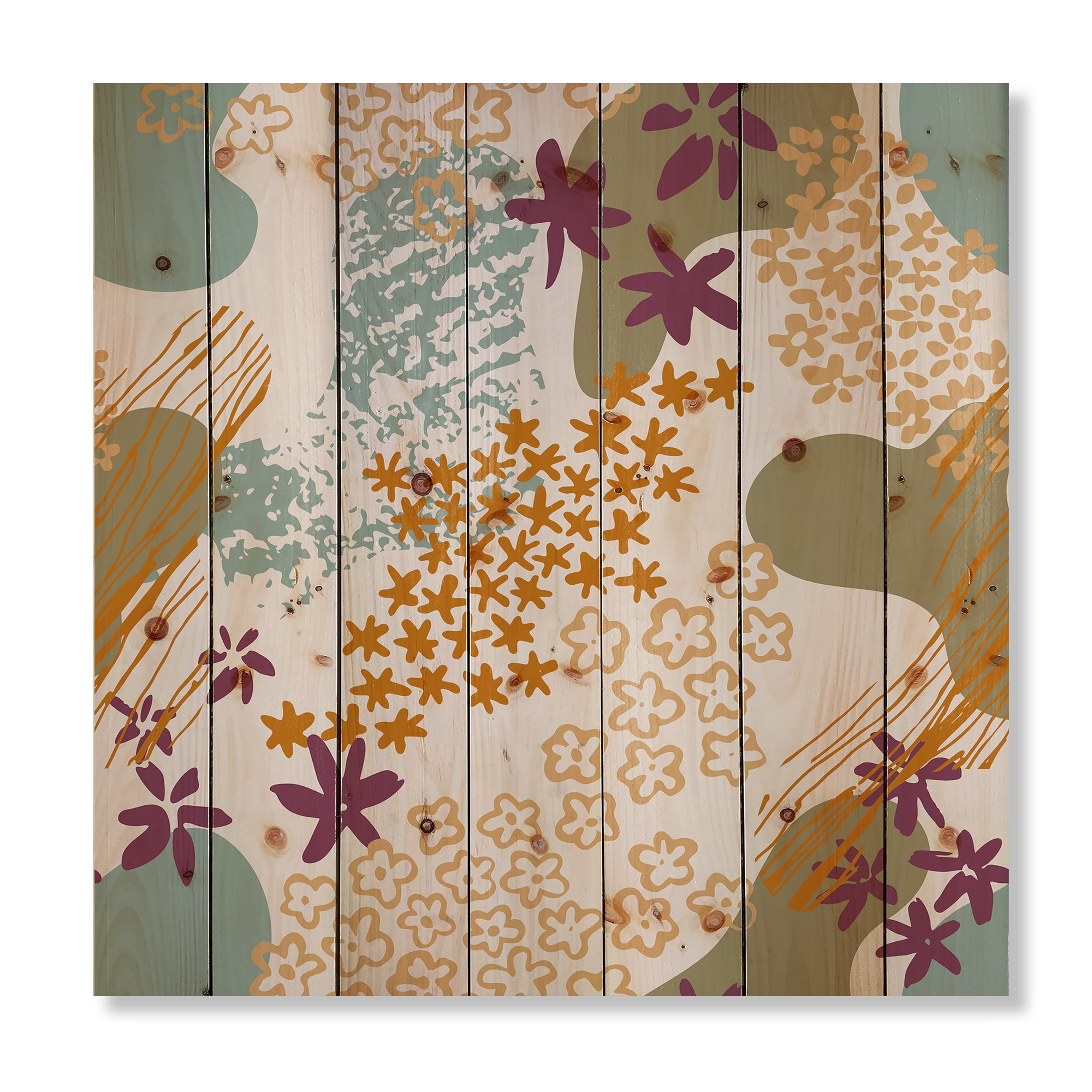 Designart 'Fluid Shapes and Flowers Silhouettes' Modern Print on Natural Pine Wood