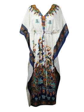 Mogul Women Beige Blue Printed Maxi Caftan Dress Kimono Sleeves Summer Fashion Beachwear Long Caftan One Size