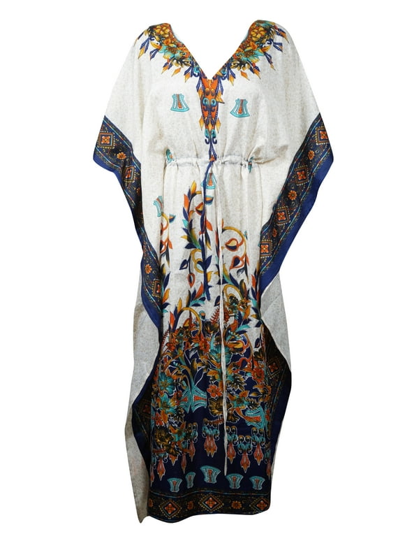 Mogul Women Beige Blue Printed Maxi Caftan Dress Kimono Sleeves Summer Fashion Beachwear Long Caftan One Size