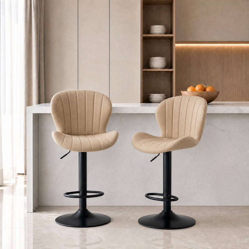 Kelno Swivel Bar Stools Set of 2 Adjustable Height Linen Seat with Backrest 360° Swivel for Kitchen Island, Beige
