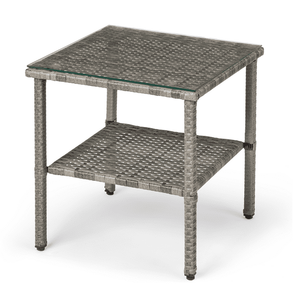 SEEKOL Outdoor Wicker Side Table Patio Side Tables for Outside, Tempered Glass Top Wicker Table with Storage End Table for Patio Balcony Porch Deck