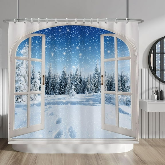 Winter Window View Shower Curtain Sets Natural Scenery Snowflake Forest Pine Trees Decorative Christmas Tree Shower Curtains with Hooks for Waterproof Polyester Bath Bathroom 84x72 Inches