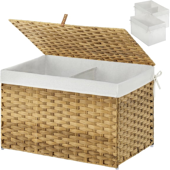 Storage Basket with Lid, 27.7 Gallon Large Wicker Blanket Organizer with Handles, Removable Liners, Metal Frame, Foldable, Natural