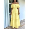 thumbnail image 6 of Women Off Shoulder Dresses Trendy Puff Short Sleeve Ruffle Flowy A Line Beach Party Maxi Dress Yellow S, 6 of 9