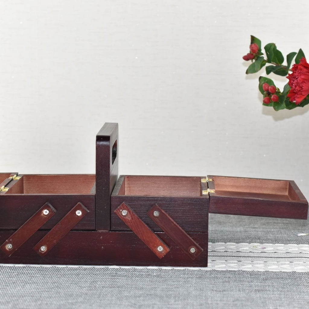 Folding Sewing Storage Box Wood Sewing Accessory Organizers Knitting Supply Case
