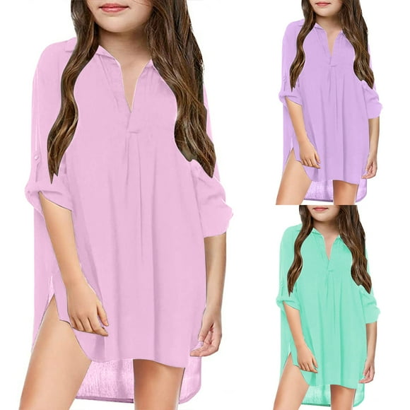 Summer Savings Clearance Girl Dresses Girls Beach Cover Up Chiffon Shirt Long Sleeve Solid Sunscreen Swim Coverup Robe Bebe Fille Pink 10 Years-11 Years