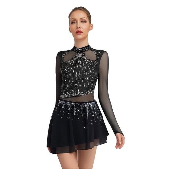 Xnihocha Women's Rhinestone Figure Skating Leotard Dress Mesh Long Sleeve Ballroom Dance Dress Dancewear Black XXL