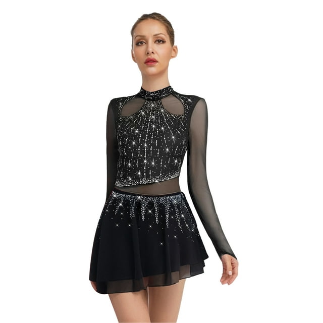 HULIJA Robe de Patinage Artistique pour Femmes Manches Longues en Mesh avec Strass Compétition de Danse Noire P