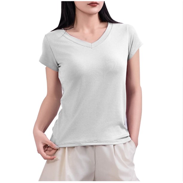 Mujeres Manga Corta Tops Casual, Color Sólido Cuello en V, Camiseta Casa Blusas para Mujeres