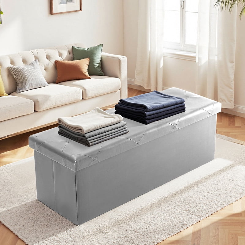 Gianna 43 Inch Folding Ottoman With Storage Bench, Bedside Storage Bench With Leather Top Cover and Cushion, Footrest Suitable for Bedroom, Living Room, Gray