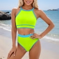thumbnail image 4 of Bathing Suit for Women 2 Piece Tummy Control High Neck Racerback Top Triangle Colorblock Bikini Sets Sporty Swimsuits, 4 of 4