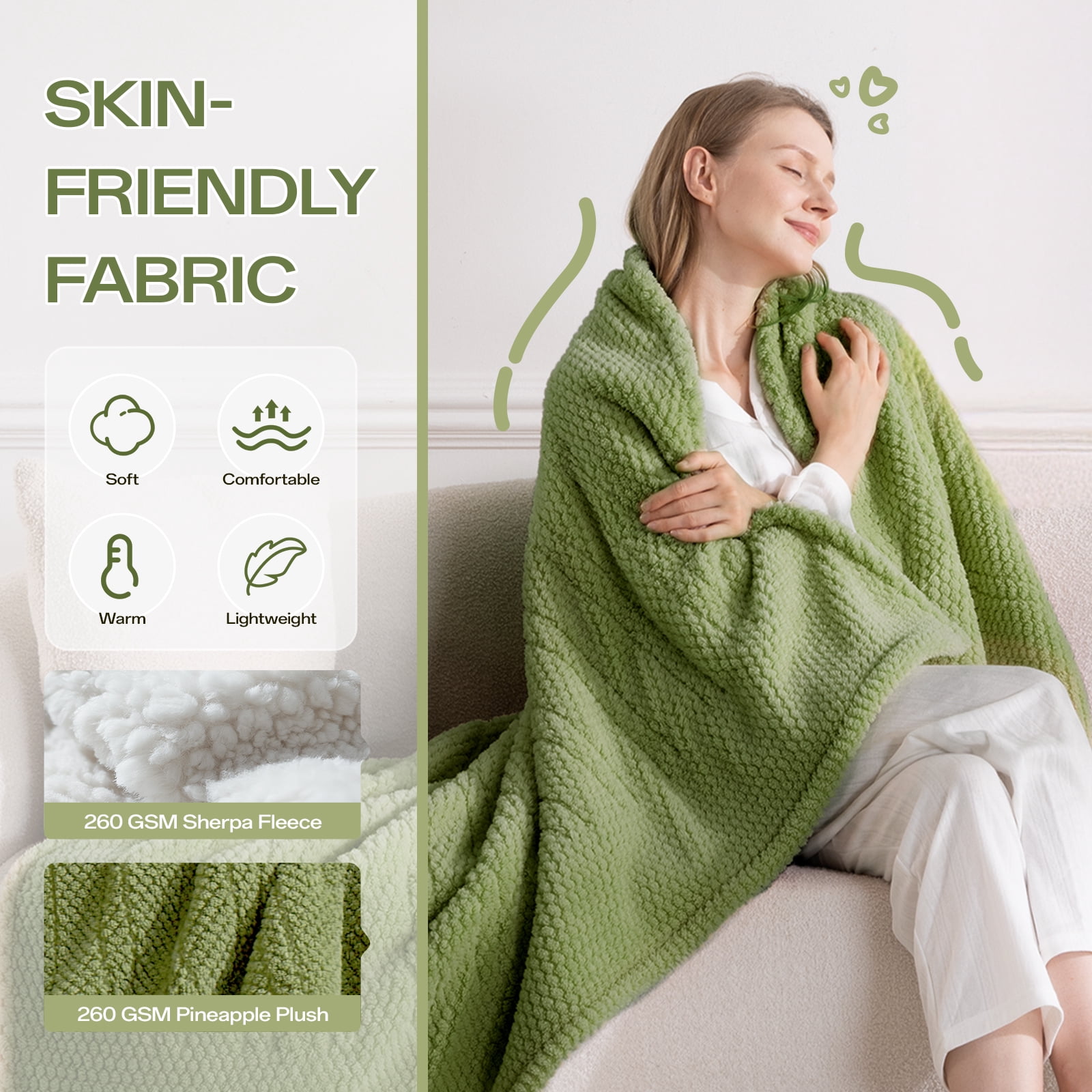 ELEKA Electric Heated Blanket Twin，Ultra‑Cozy Premium Flannel & Sherpa， 1–10 H Auto‑Off,8 Heating Levels，Overheat Protection, Ideal Gifts for Grandma，84" x 90"，Green