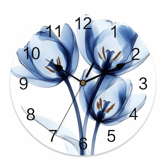 Wall Clock 14 Inch Blue Tulips Floral Round Silent Decorative Wall Clocks Battery Operated for Living Room Bedroom Kitchen Classroom Decor, Abstract Flowers,Large