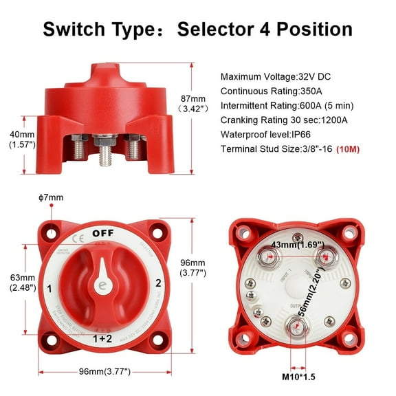 Luminous 32V 350A 2 Battery Disconnect Switches AFD 4 Position Isolator Disconnect Rotary Switch for Marine Boat Truck RV