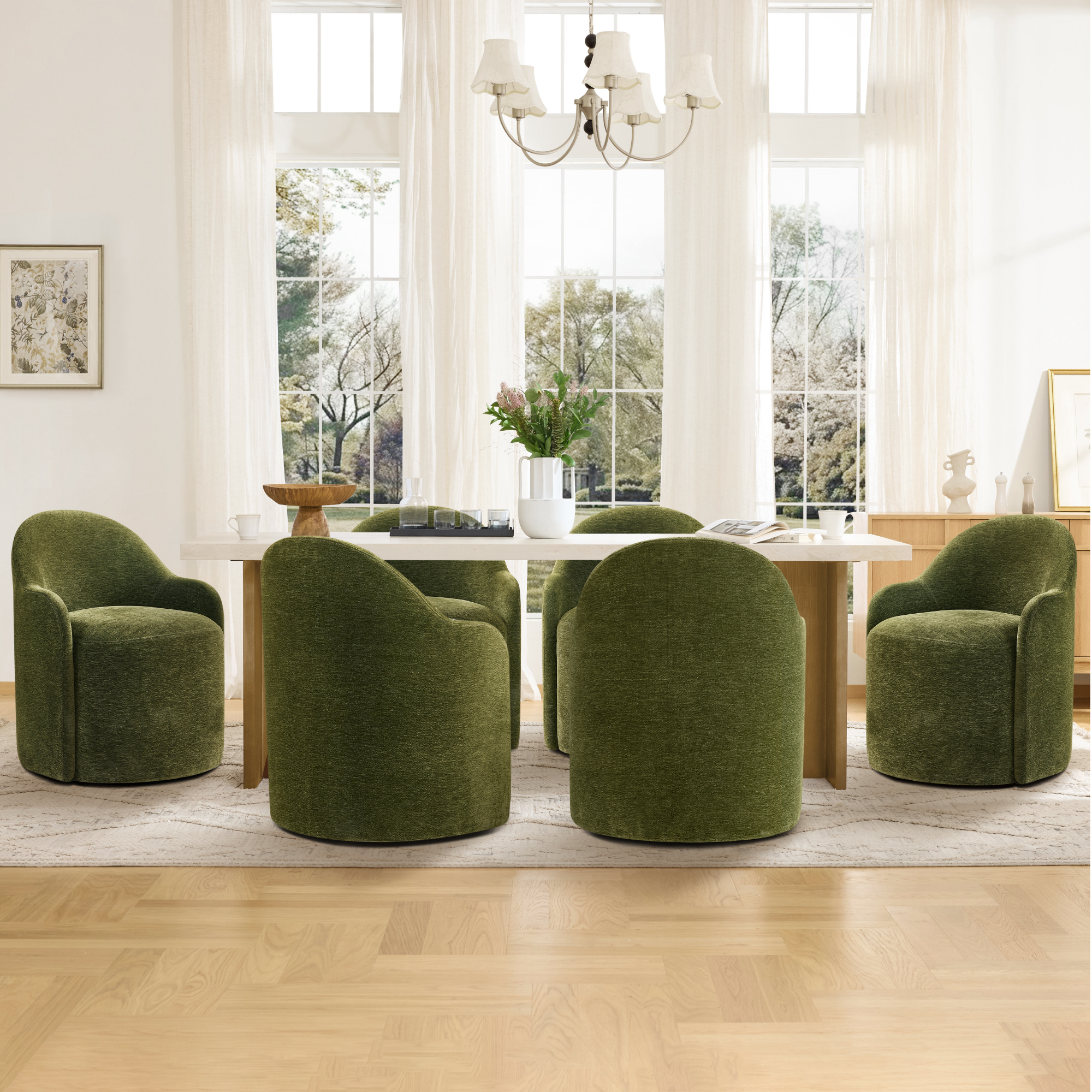 Spruce & Spring Swivel Upholstered Dining Chair with Hidden Wheels and Armrest Single, Green