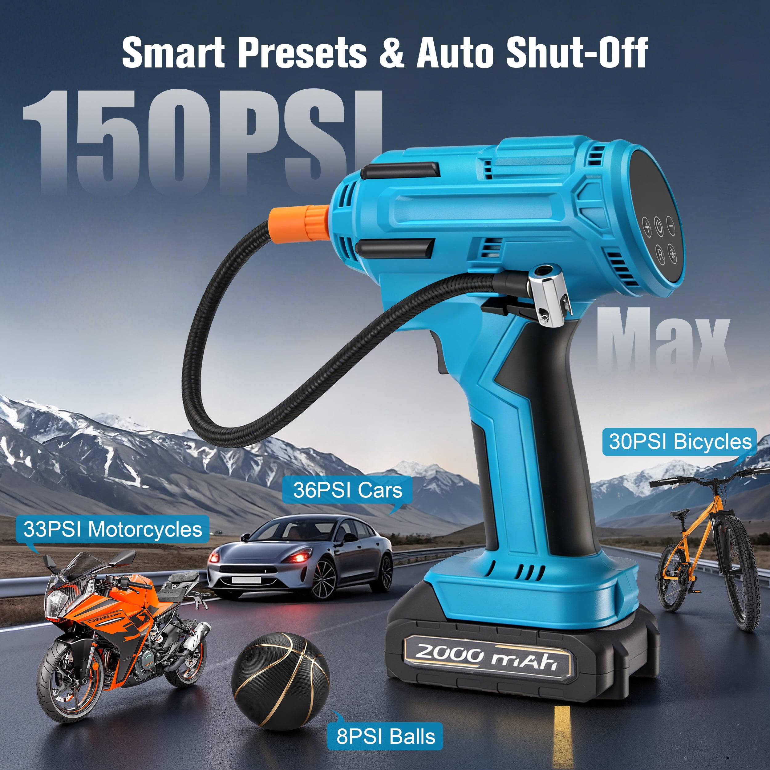 RELOIVE Tire Inflator Portable Air Compressor,150 Psi Air Pump with 2x2000mAh battery,Digital Pressure Gauge, LED Light and Auto Shut-Off Function,Cordless Pump for Car, Motorcycle, Bicycle, Balls