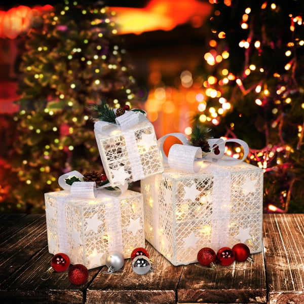 3-Piece Christmas Lighted Gift Boxes Set - 60 Warm White LEDs, Square ABS Plastic, Indoor/Outdoor Festive Decor for Home/Commercial Spaces
