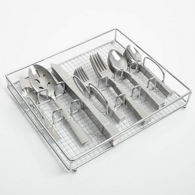 Gibson Home Prato 65 piece flatware set with tumble finish including knives, forks, spoons and serving utensils neatly arranged in a silver wire caddy.