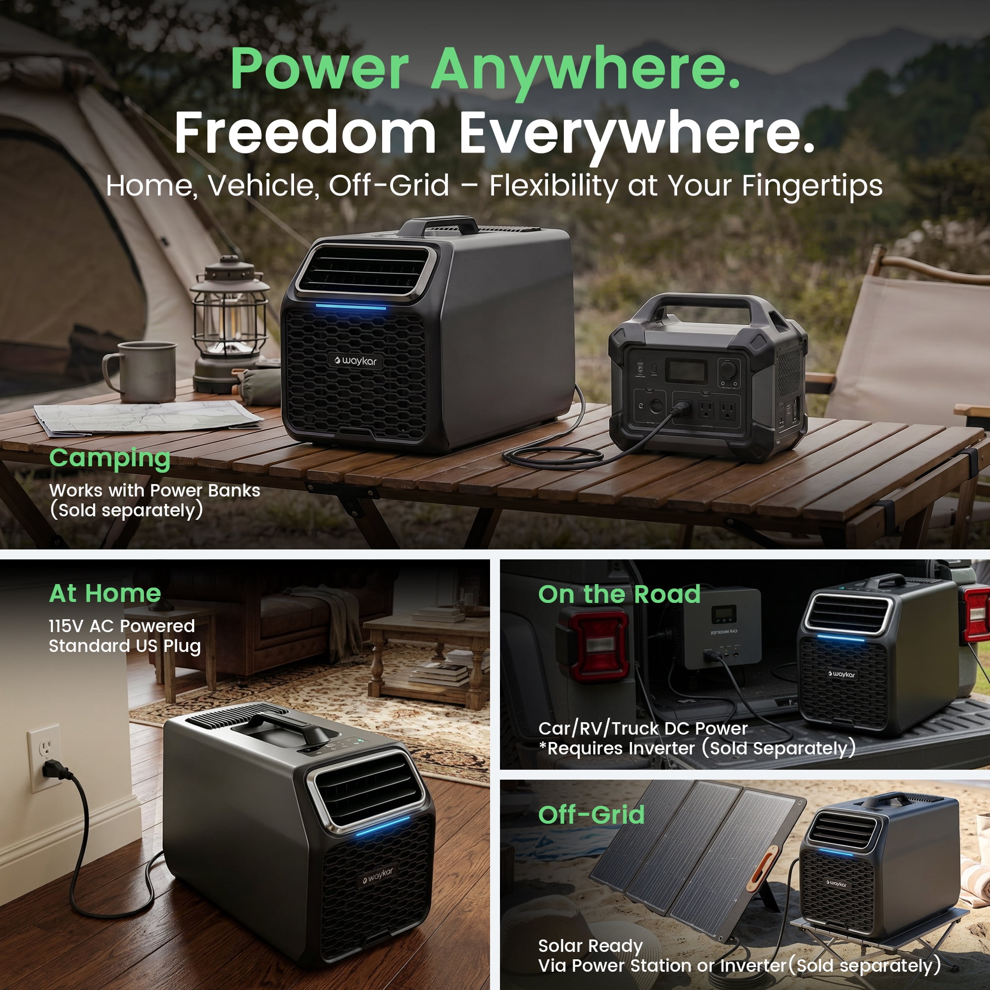 Waykar 6000 BTU Portable Air Conditioner for Camping, Advanced Dual-Hose System for Tents & RVs, 110V AC/DC Inverter Support, 3-in-1 Cooling, Dehumidifier & Fan for Off-Grid Outdoor Comfort
