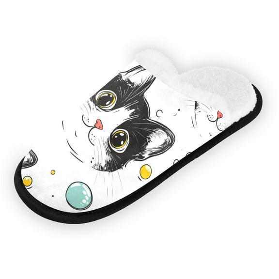 Women's Men's Slippers, Non-Slip Travel Unisex Fleece House Shoes Cute Black and White Cat