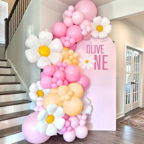 131PCS Boho Balloon Arch Garland Kit with Pink Nude Daisy Flower Balloons for 70s Groovy Birthday, Baby in Bloom Decorations for Girls, Two Groovy Party Decor, Hippie Balloon Arch