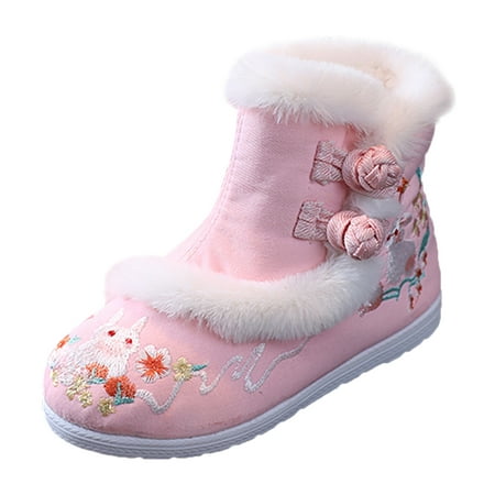 

Quealent Big Kid Girls Shoes Girls Kid Booties Toddler Gilrs Cloth Shoes Rubber Sole Warm Winter Snow Boots Embroidery Print Cotton Boots Link Shoes Pink 1