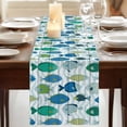 Blue Fishes Table Runner, Cartoon Coastal Ocean Fish Striped Wooden ...