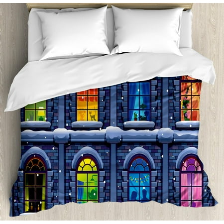 Urban Duvet Cover Set, Building with Colorful Windows in the Snowy Winter Night Time Illustration Image, Decorative Bedding Set with Pillow Shams, Multicolor, by