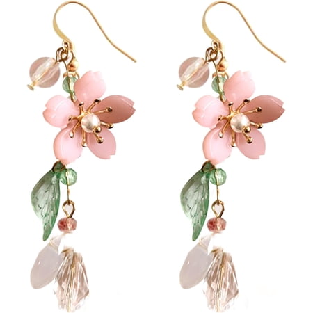 Pink Flower Dangle Earrings for Women Cute Asymmetry Flower Earrings Fairy Statement Summer Refreshing Seaside Idyllic Holiday Earrings