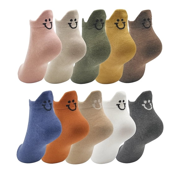 10 Pairs of Happy Face Embroidered No-Show Socks - Soft, Breathable Cotton Low-Cut Sports & Outdoor Socks