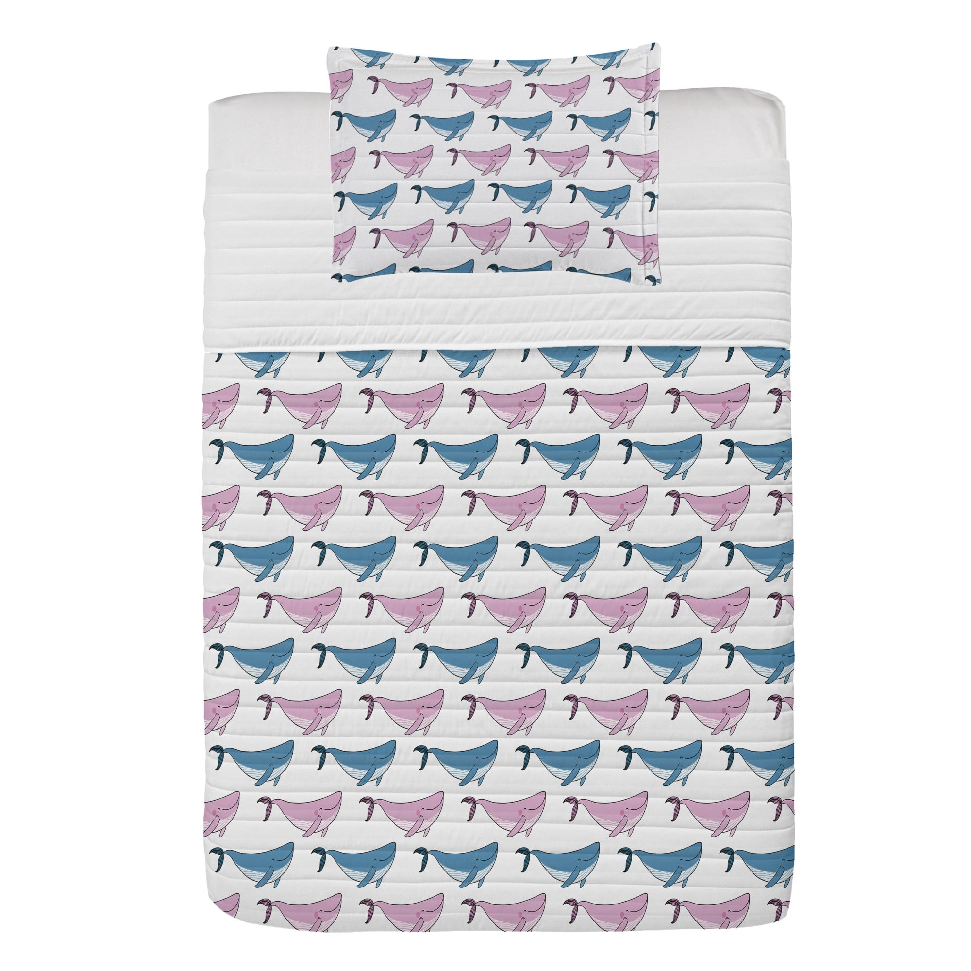 Whale Microfiber Bedspread Set, Sea Animals Pattern with Smiling Fish Swimming Happily Doodle Style Art, Soft Bedding Set with Pillow Shams & Comforter, 3 Sizes, Blue Lilac and White, by Ambesonne