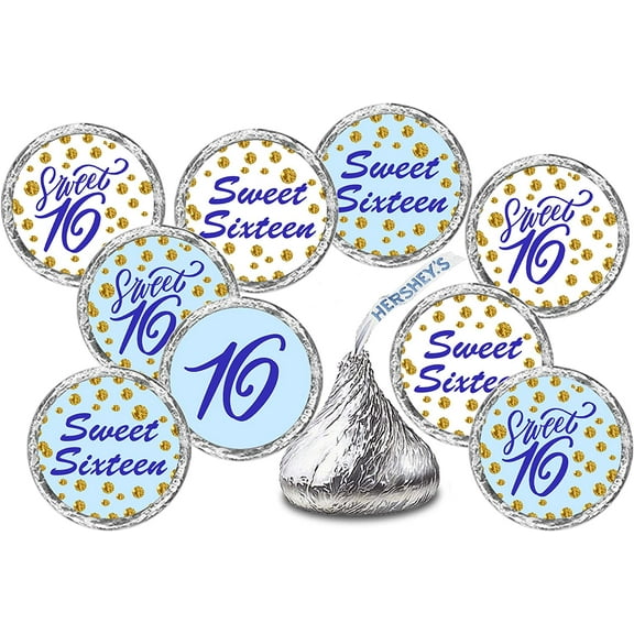 Blue 16th Birthday Kisses Stickers, (Set of 216), Sweet 16 Chocolate Drops Labels Stickers, Party Favors Decor For Kisses
