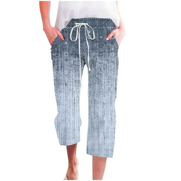 lcziwo Womens Linen Capris and Cropped Pants,Capri Linen Pants for Women Drawstring Pants Summer Casual Loose Wide Leg Pants with Pockets Todays Daily Deals Clearance Blue