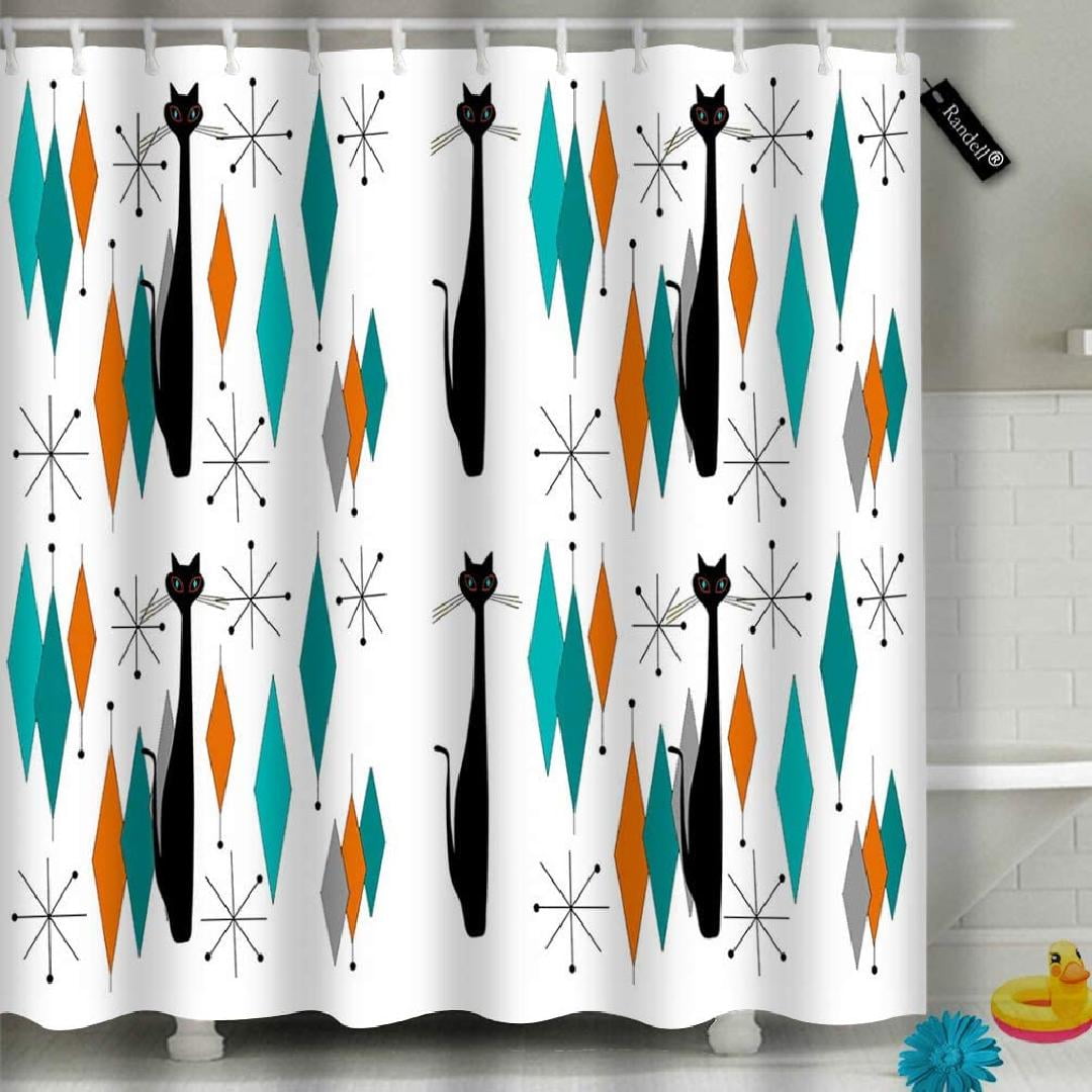 Decor Shower Curtain Set Mid Century Modern with Black Cat Bathroom ...