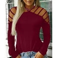 thumbnail image 3 of Lilgiuy Women's Off Shoulder Long Sleeve Solid Hollow Out V-Neck T-shirt Blouse Tops, 3 of 4