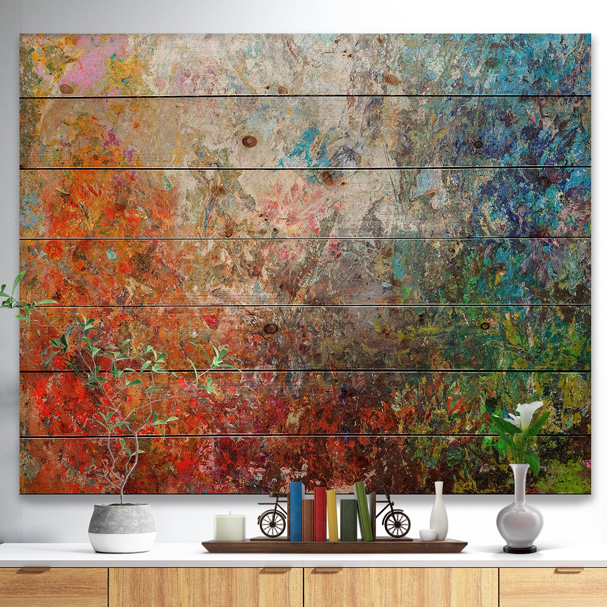 Designart Board Stained Abstract Floral Print on Natural Pine Wood Art Print, 46" x 36"