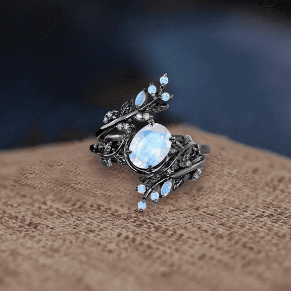 Oval Cut Moonstone Engagement Ring Set IN 14K Black Gold Vermeil- Moon Propose Ring- Dainty Leaf Bracnh Enhance Wedding Band