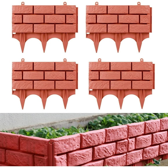 4 PCS Garden Edging Border, 17 x 13 Inch Plastic Stone Effect Edging Interlock Flower Bed Border Imitation Stone Brick Grass Edge Fence for Landscaping Walkways