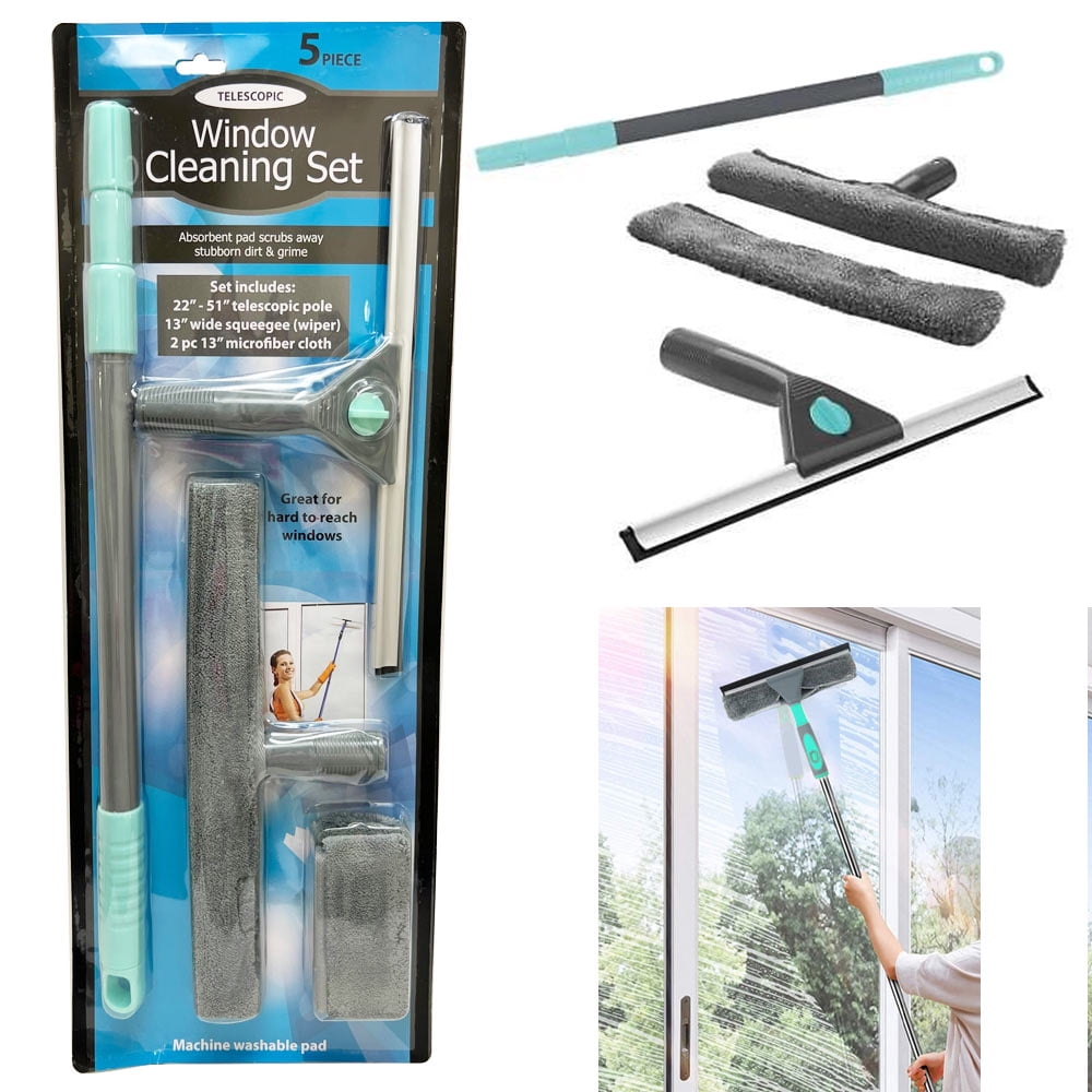 Window Cleaning Tool Mop Wash & Wipe Set Extension Pole Telescopic Squeegee Kit 