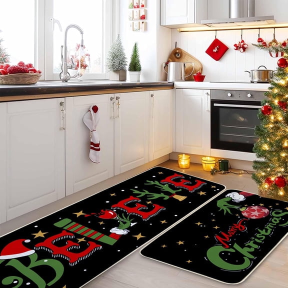 Black Merry Christmas Kitchen Rugs and Mat Set of 2 Indoor, Believe Sign Christmas Kitchen Decor, Non Slip Soft Washable Kitchen Mats Decorations Also for Sink Bathroom and Laundry Room