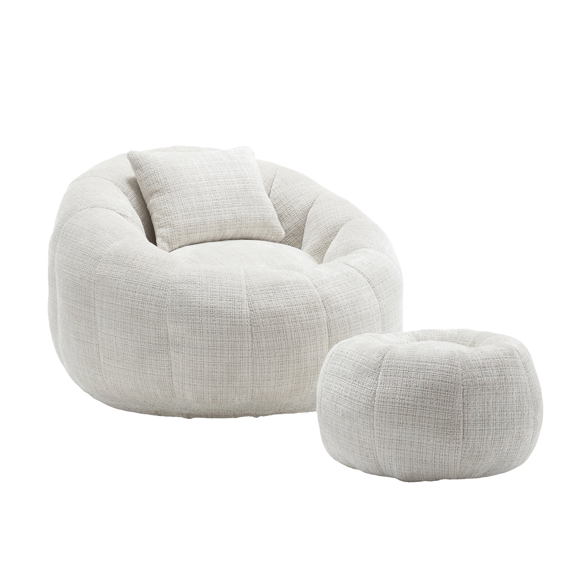 MOONMISS Chenille Upholstered Round Lazy Cozy Bean Bag Chair with Ottoman-BEIGE