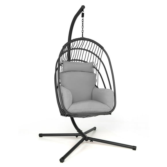 Costway Hanging Folding Egg Chair with Stand Soft Cushion Pillow Swing Hammock Grey