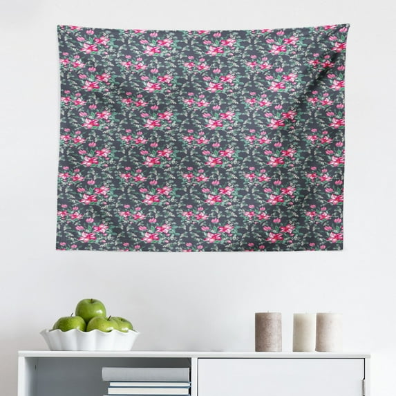 Floral Tapestry, Peacock Tail Outlined Motif and Illustration of Calla Lily Flower and Green Leaves, Fabric Wall Hanging Decor for Bedroom Living Room Dorm, 2 Sizes, Multicolor, by Ambesonne