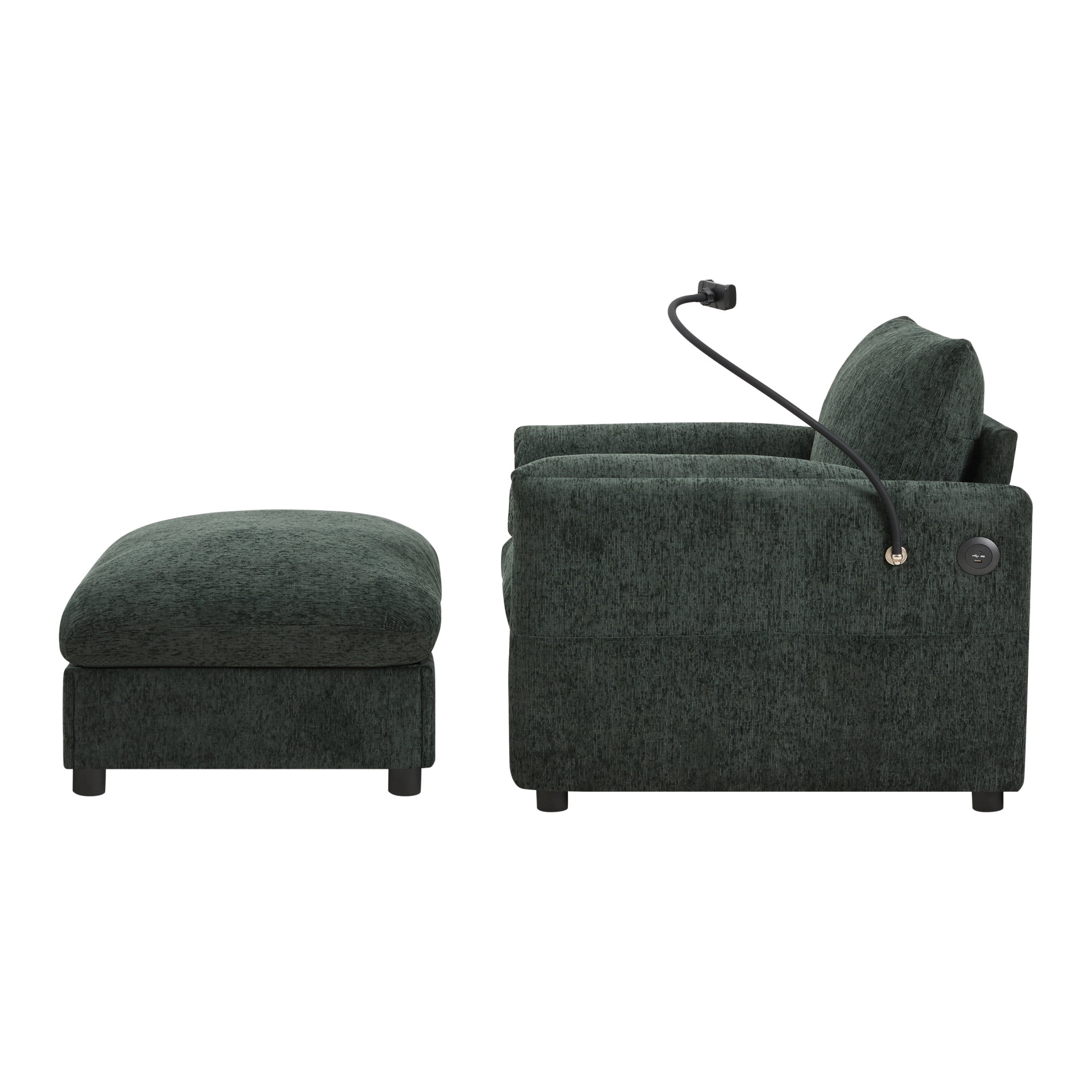 Noble House Odette 37" Chenille Upholstered Armchair with Storage Ottoman and Charging Port, Cloud Chaise Lounge, Green
