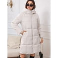 thumbnail image 5 of Female Hooded Long Puffer Coat Winter Warm Full Zip Quilted Jacket with Pockets Cream White L, 5 of 9