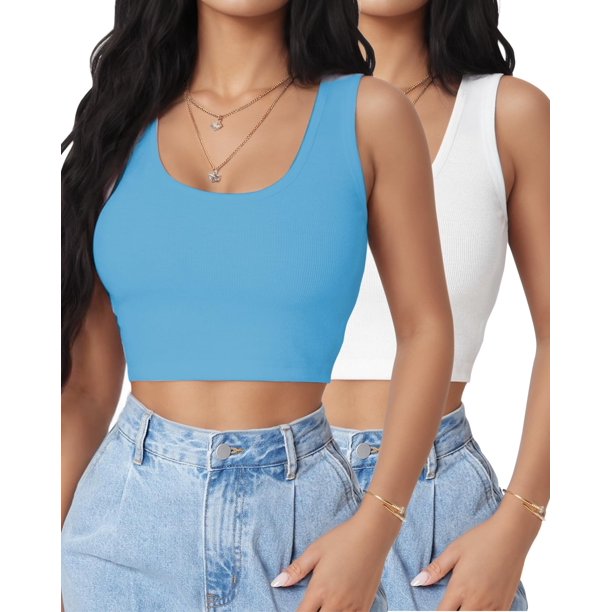 Crop Tops AURUZA sin mangas con escote en U, 2 piezas blanco+azul