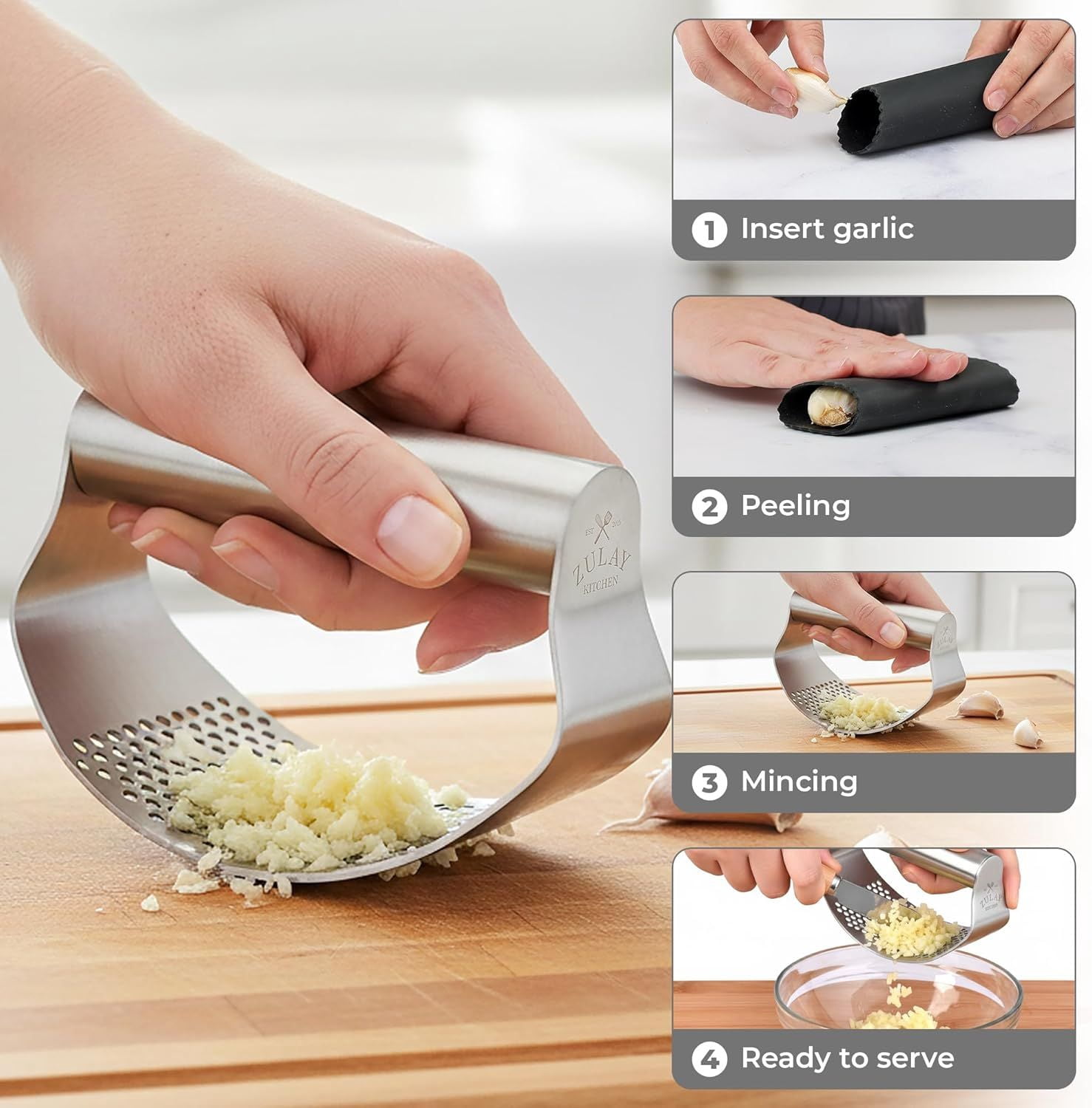 Kitchen Stainless Steel Garlic Press Rocker Set Time Saving Durable Strong Garlic Mincer Tool Easy to Use and Clean Garlic Crusher Set with Peeler and Scraper Kitchen Gadget Smasher
