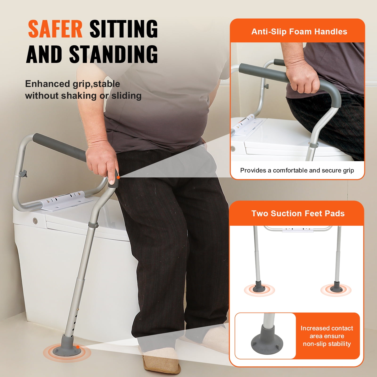 KFFKFF Toilet Support Rail, Adjustable Bathroom Safety Frame for Toilet Seat, Fits Most Toilets, 300lbs Capacity, Equipped with Cushioned Armrests for Elderly, Handicapped, and Disabled Users