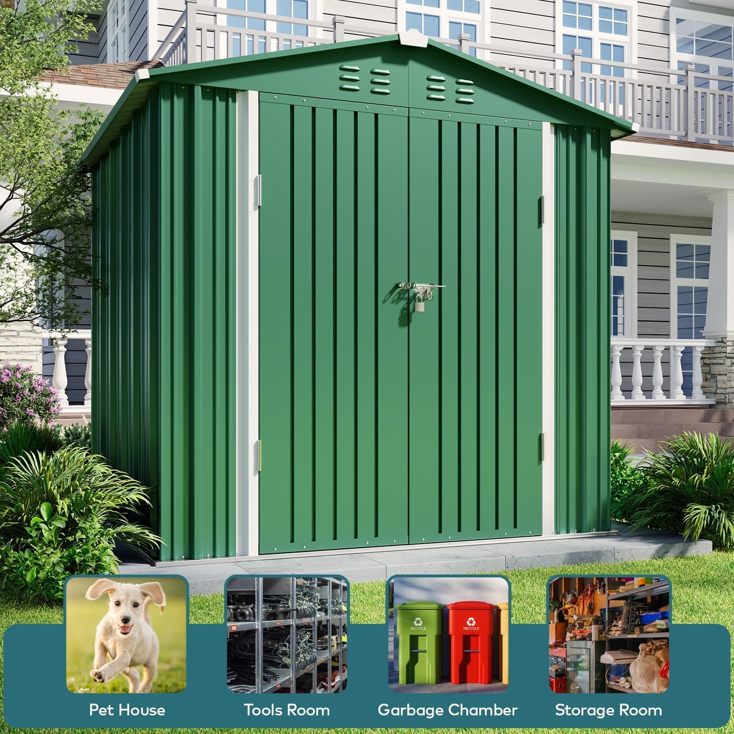 Lofka 6' x 4' FT Outdoor Storage Shed, Outside Metal Tool Shed with Lockable Doors ,Green